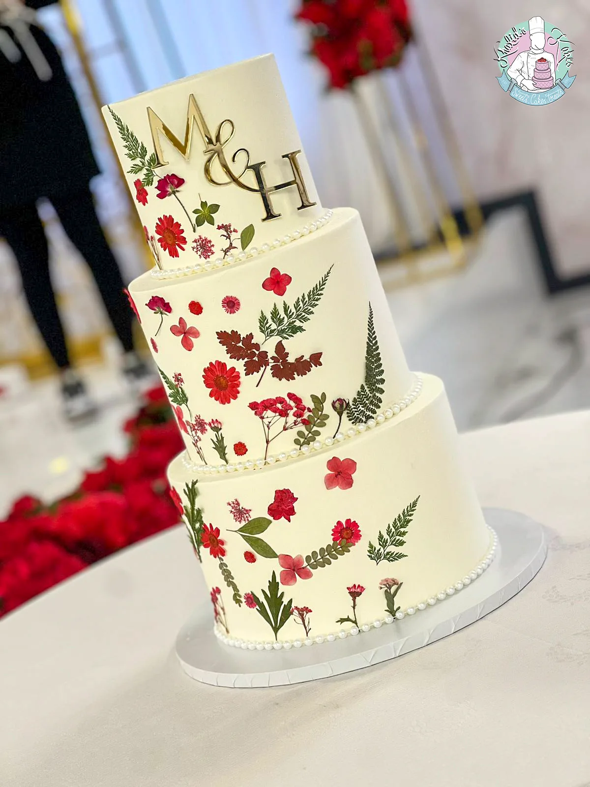 Pressed Floral Cake Birmingham — tiered wedding cake decorated with real pressed flowers and leaves in your colour theme.