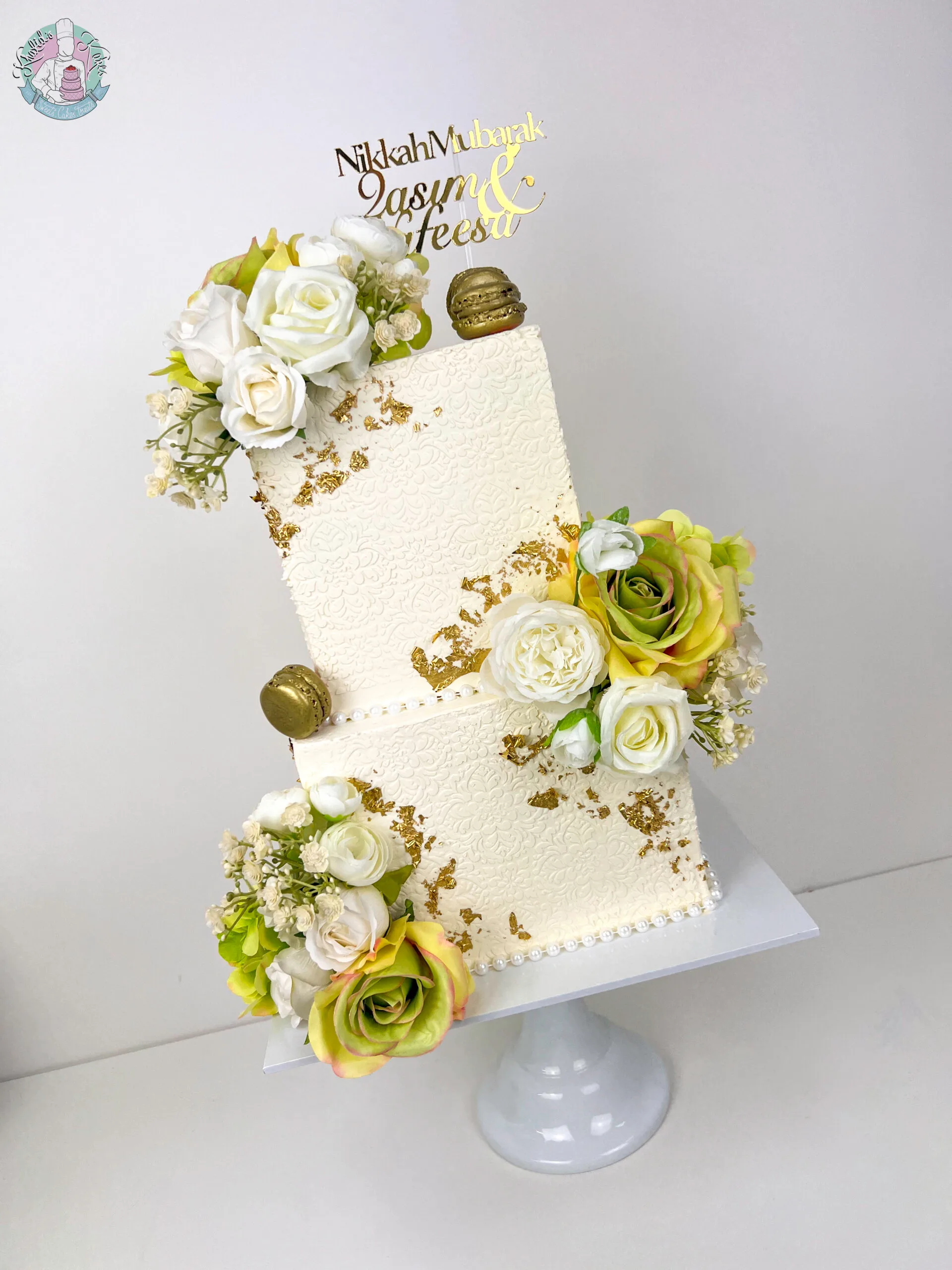 Square Stencil Wedding Cake Birmingham — contemporary square tiered cake with stencil texture and macaron detailing.