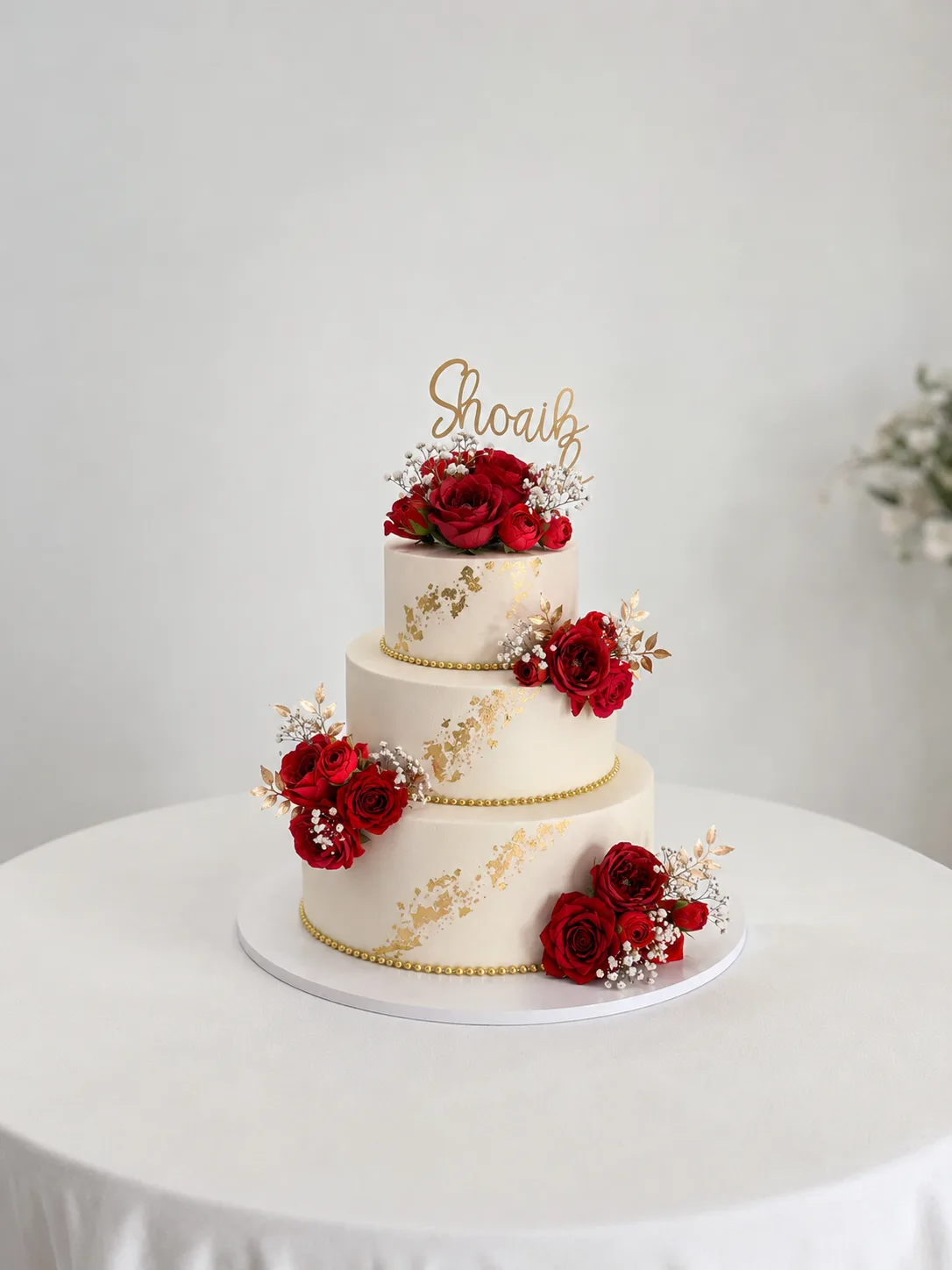 Affordable Wedding Cake Package Birmingham — three-tier white wedding cake with a clean white finish and a personalised topper.
