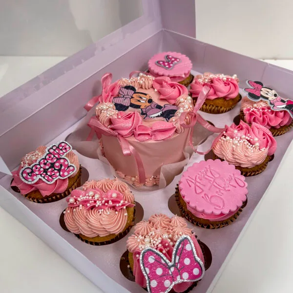 Shop 430 Minnie Mouse Bento Cake Birmingham — pink bento cake box with matching cupcakes, butterfly toppers and polka dot details, handmade by Khalid's Kakes