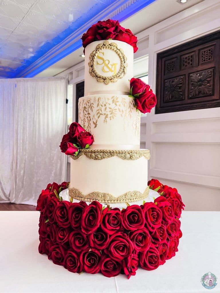 Summer Wedding Cakes: Fondant vs Buttercream — And Why It Doesn't Matter With Khalid's Kakes 2 summer wedding cake buttercream Birmingham — 3 tier fondant wedding cake with gold stencil and floral cake stand