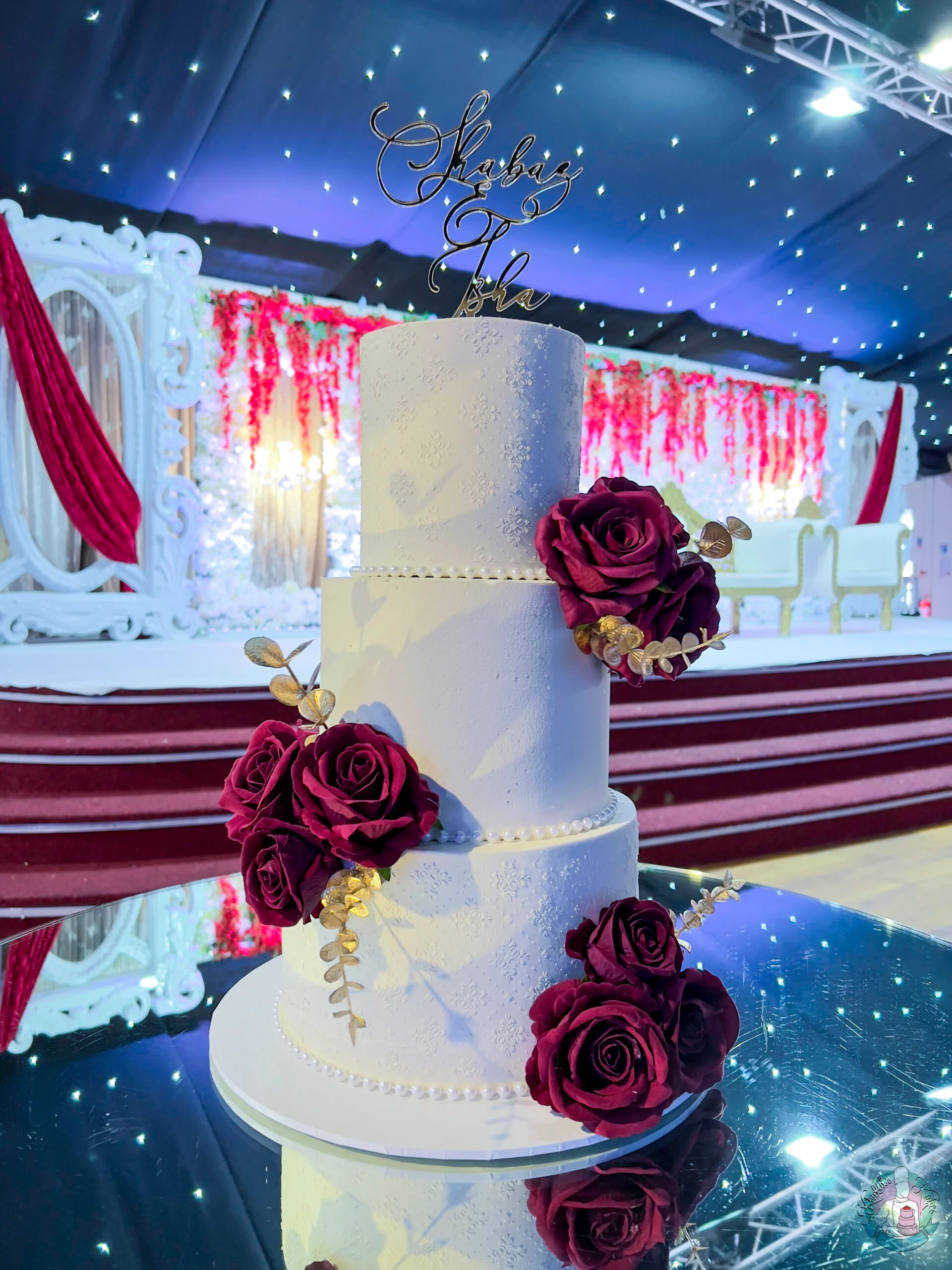 Stencil Wedding Cake 3 Birmingham — tiered cake with soft stencil detailing and metallic leaf accents.