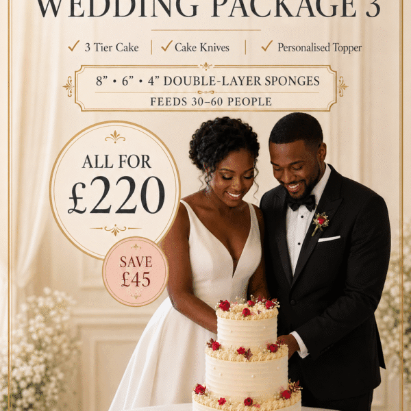 Small Wedding Cake Package Birmingham — three-tier vintage buttercream wedding cake with a personalised topper.