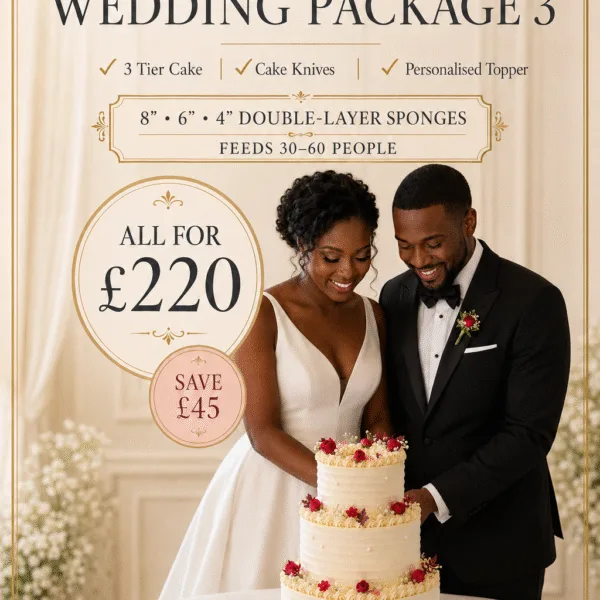 Small Wedding Cake Package Birmingham — three-tier vintage buttercream wedding cake with a personalised topper.