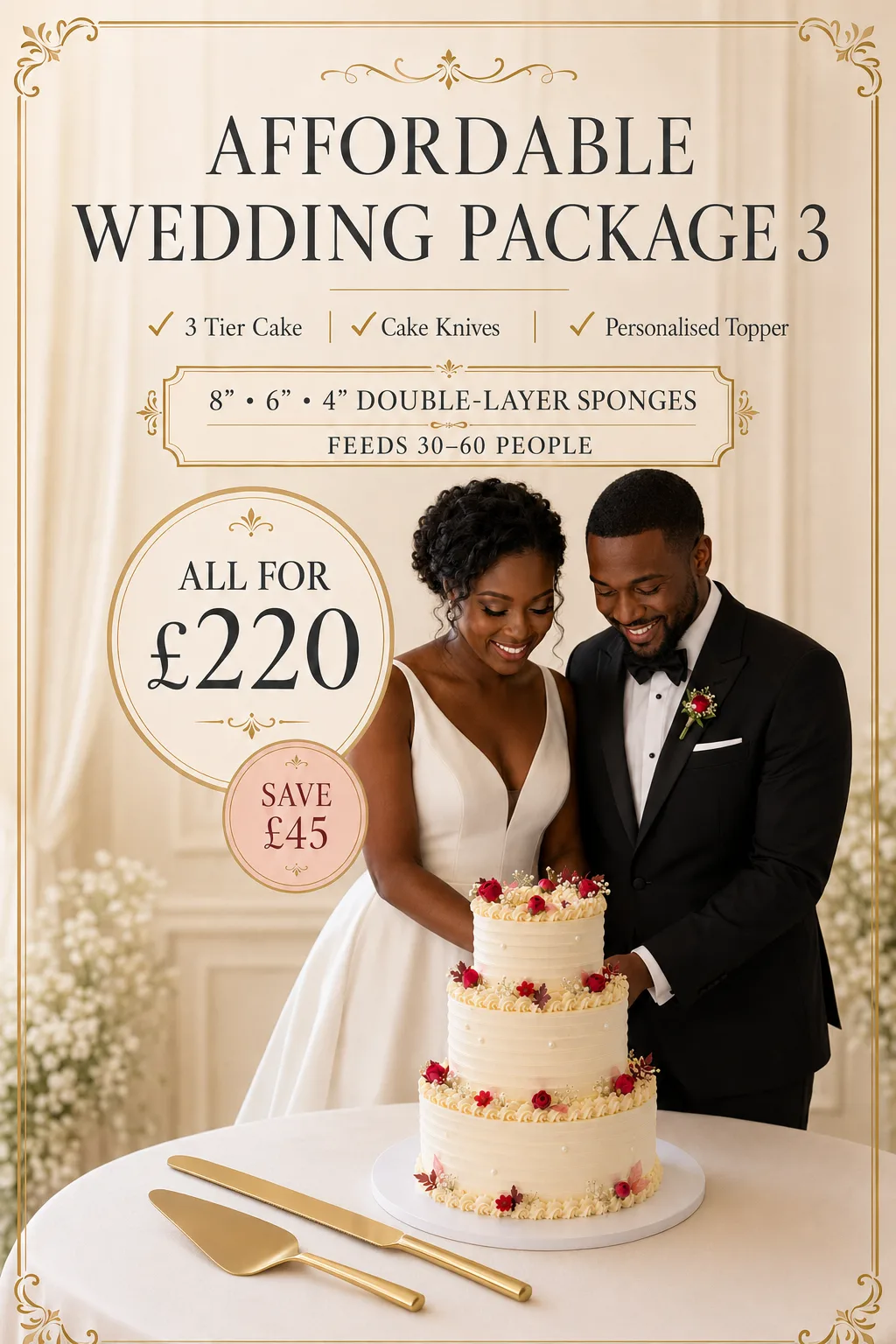Small Wedding Cake Package Birmingham — three-tier vintage buttercream wedding cake with a personalised topper.