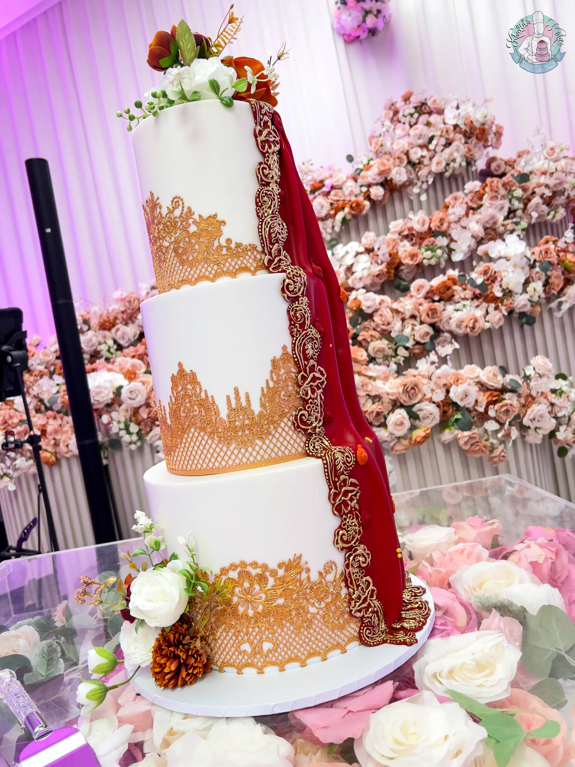 Saree Wedding Cake Birmingham — tiered Asian wedding cake with edible lace, fondant saree, halal gold paint and silk florals.