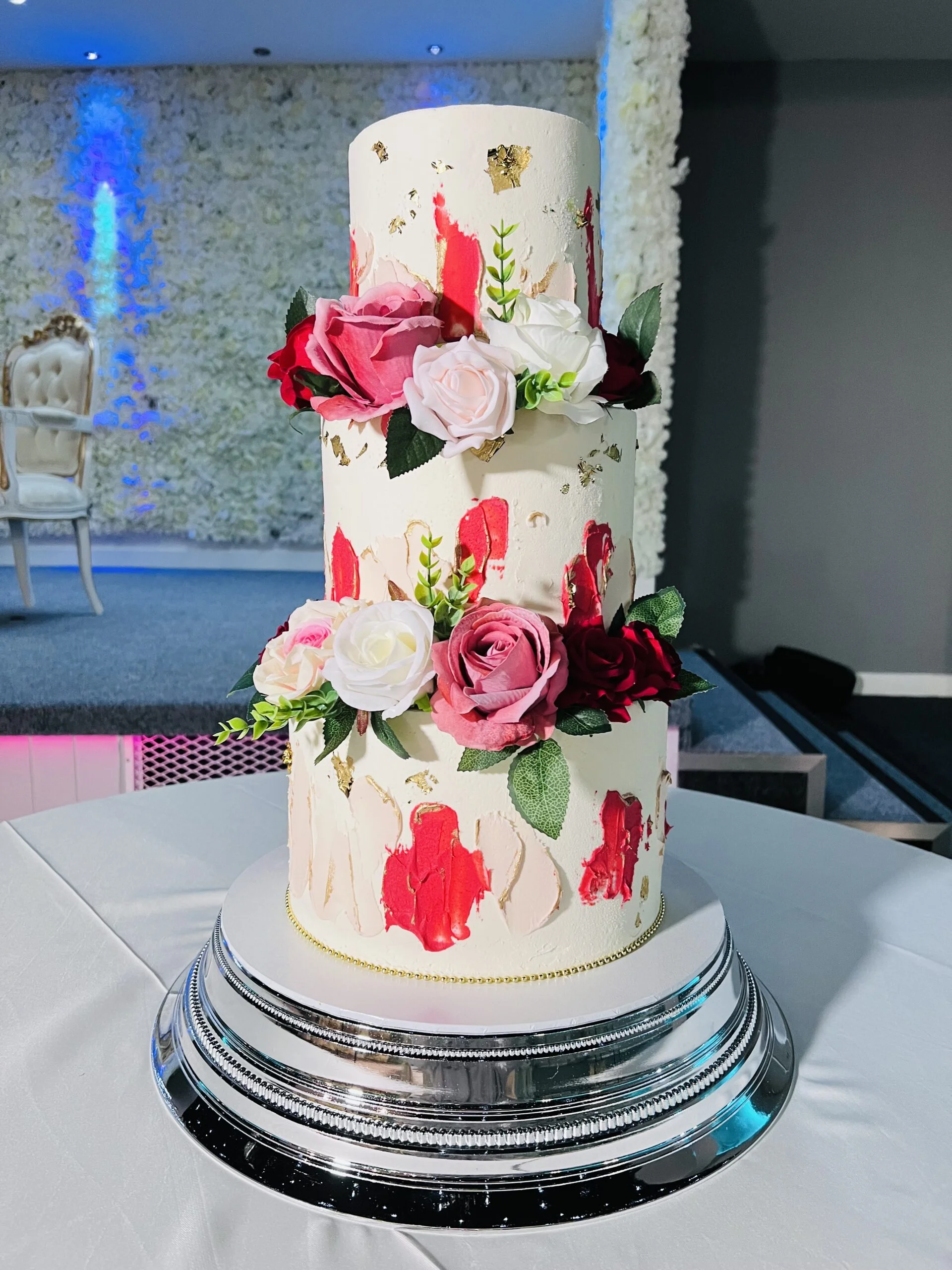 Textured Wedding Cake Birmingham — tiered cake with two textures and gold, silver or rose gold metallic leaf accents.