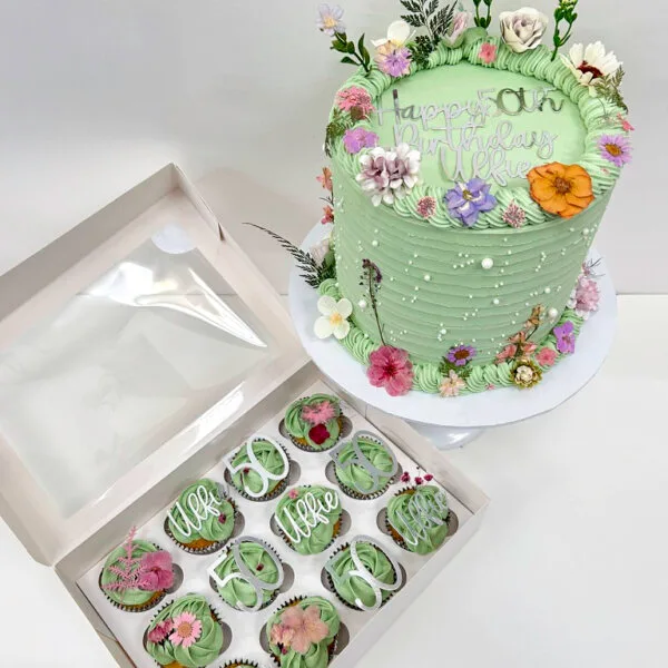 Shop 192 Floral Birthday Cake Birmingham, a pretty cake with sugar pearls and pressed flowers, handmade by Khalids Kakes