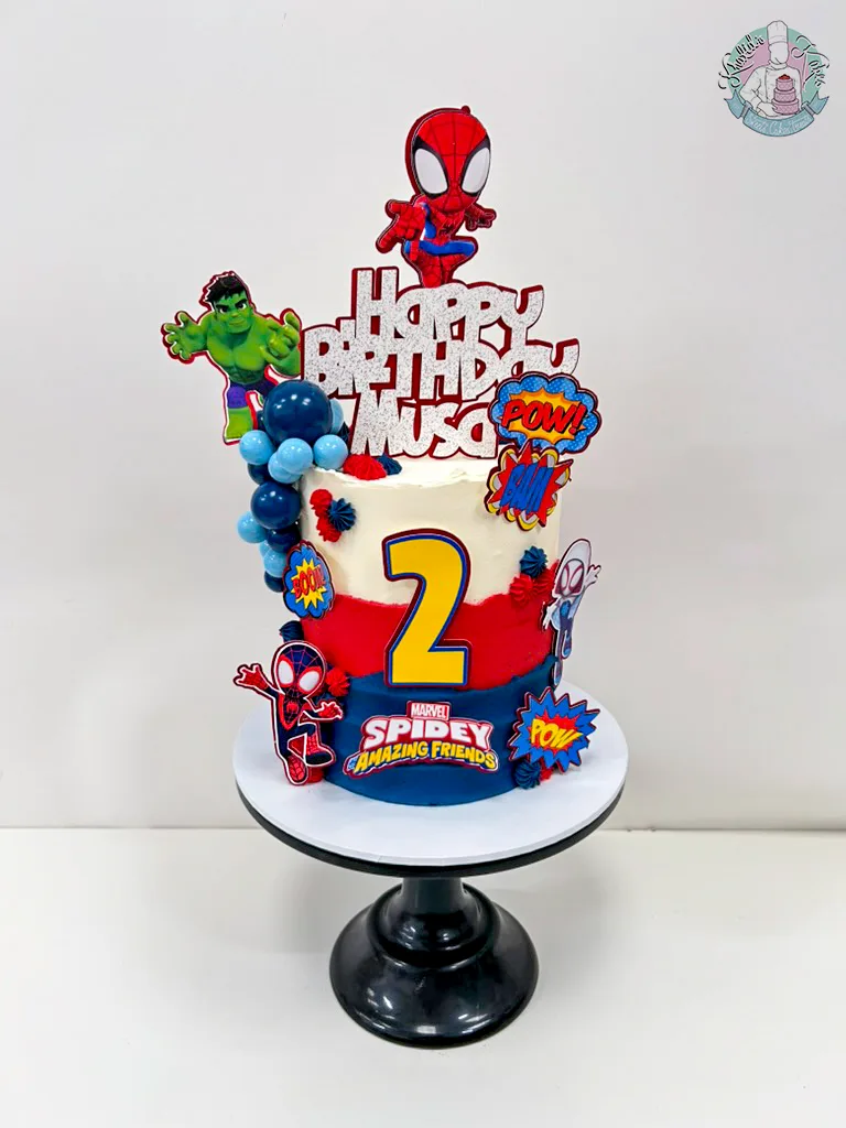 Spidey and Friends Cake Birmingham — children’s birthday cake with Spidey, Ghost-Spider and Spin.
