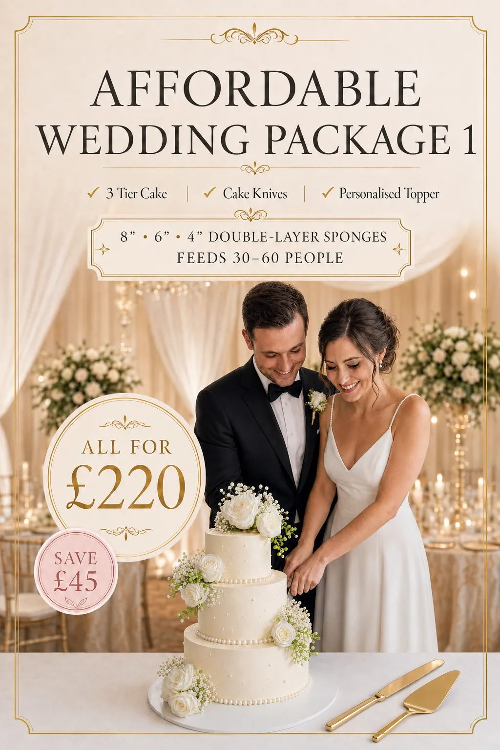 Budget Wedding Cake Package Birmingham — three-tier pearl wedding cake with soft pearl detailing and a personalised topper.