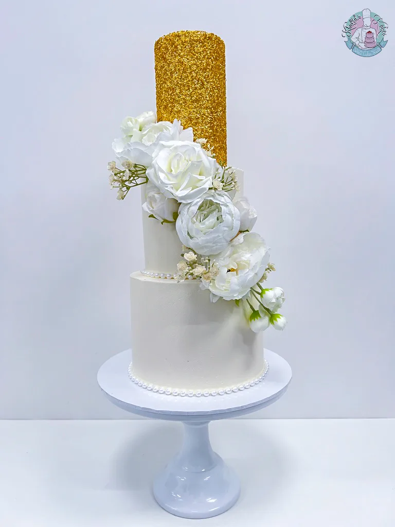 Glitter Wedding Cake Birmingham — shimmering tiered cake with edible glitter sparkle and floral colour accents.