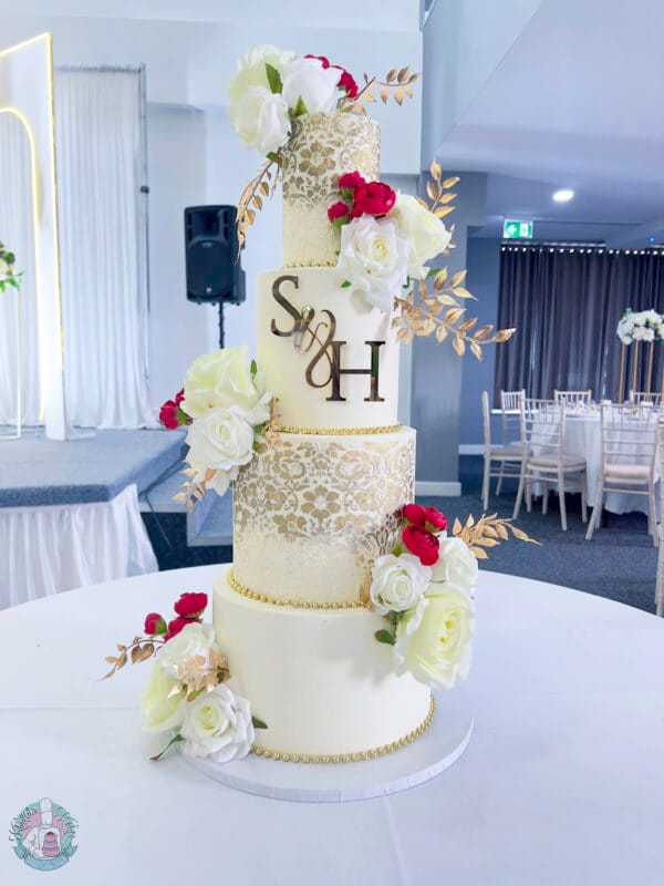 Gold stencil wedding cake