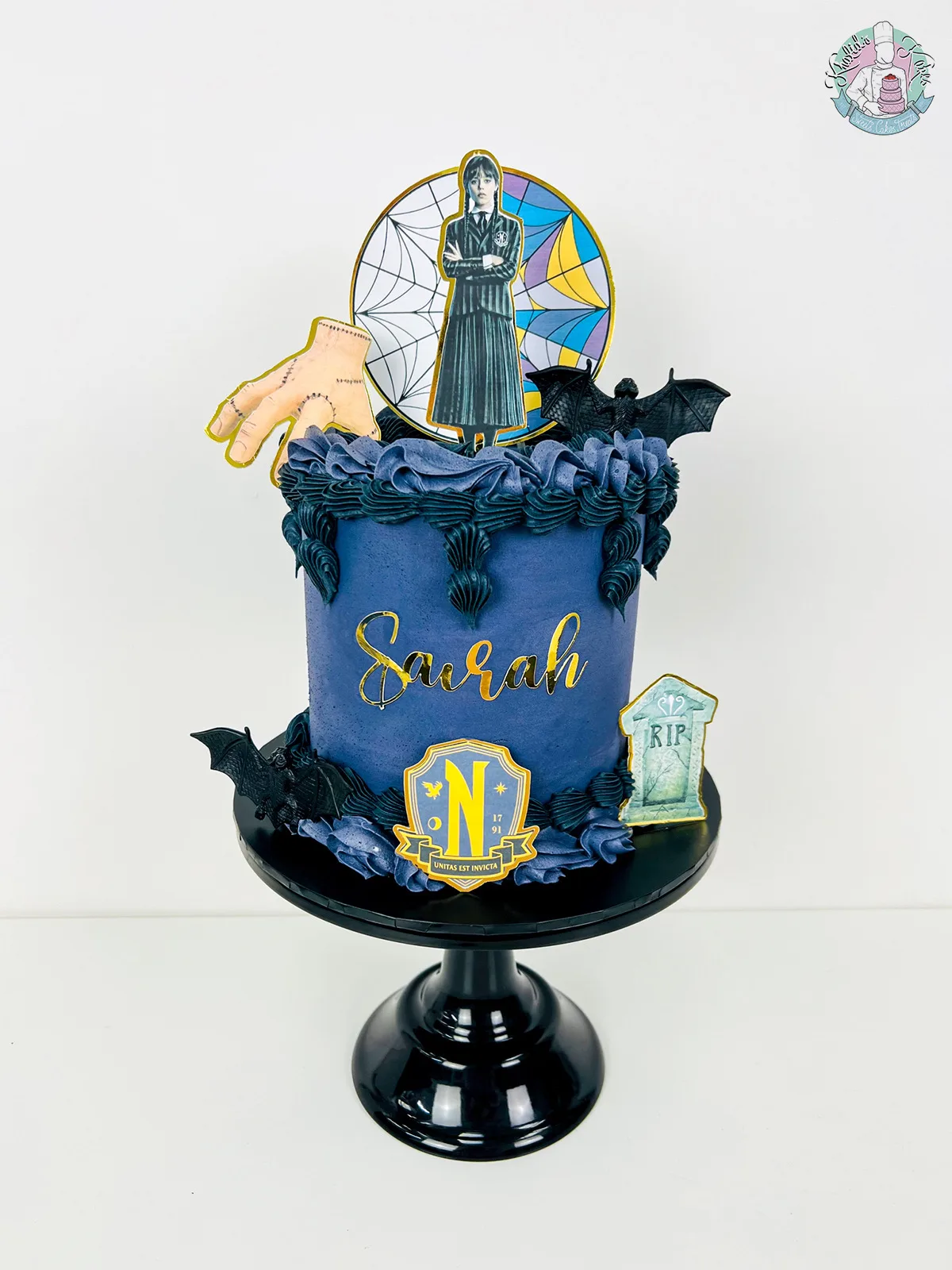 Wednesday Cake Birmingham — children’s birthday cake with gothic black Wednesday Addams styling.