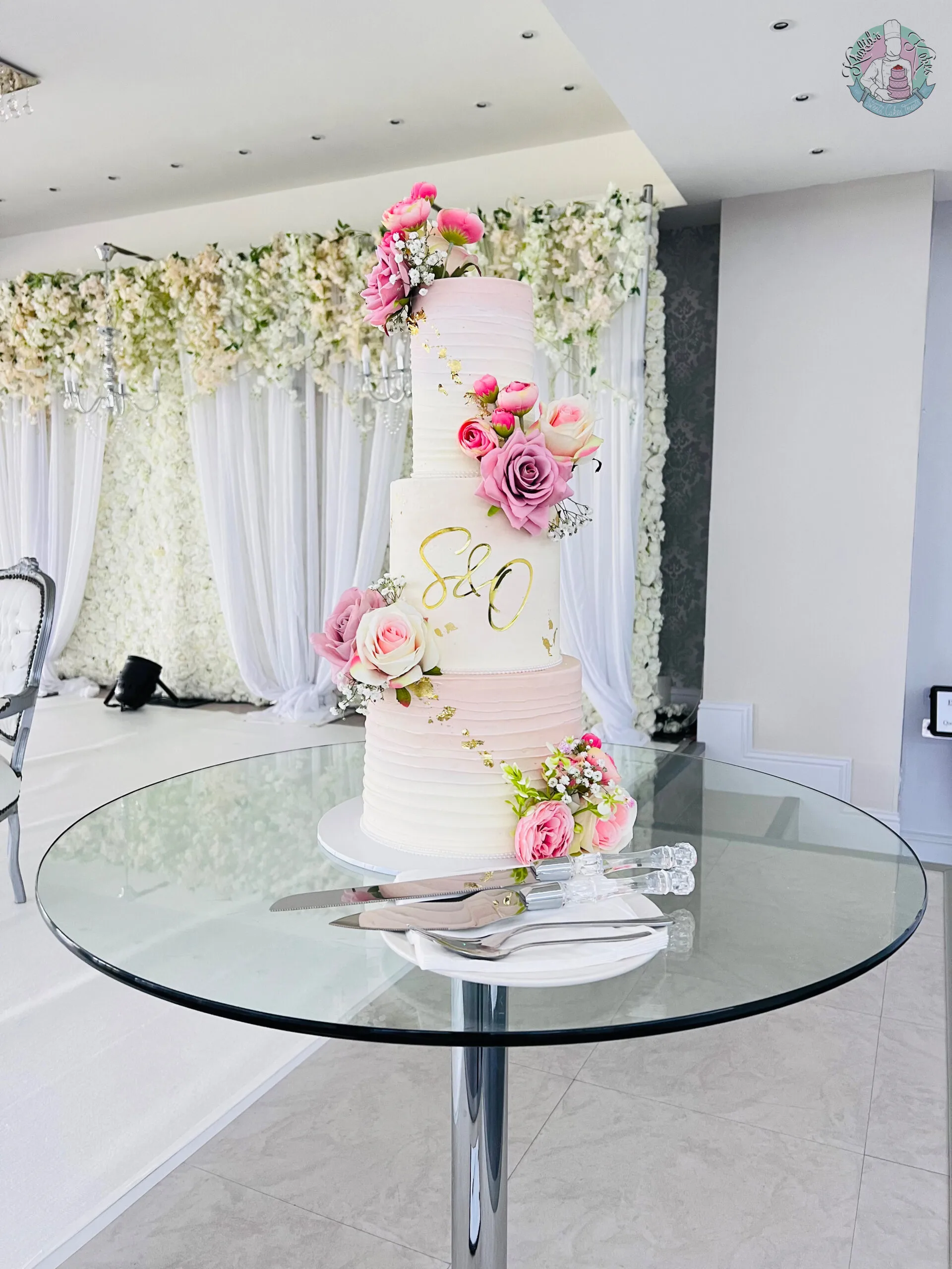 Ombre Wedding Cake Birmingham — tiered cake with a soft graduated ombre colour blend and metallic leaf accents.