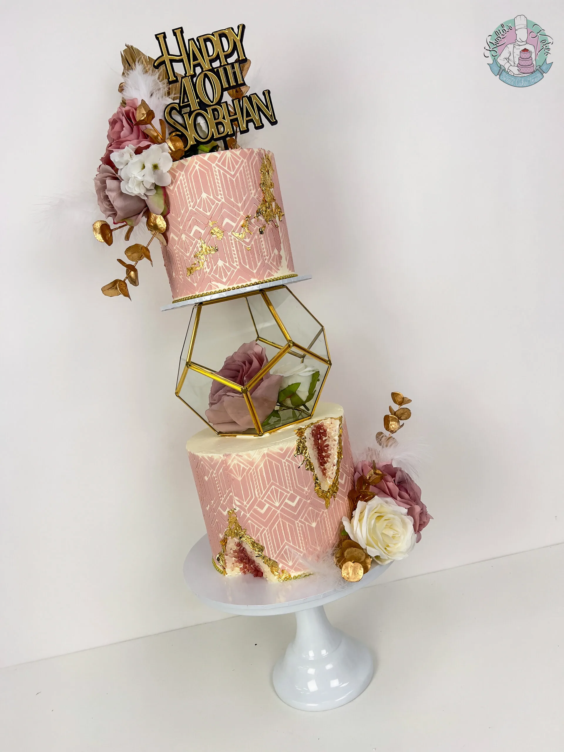 Geode Wedding Cake Birmingham — tiered cake with sparkling crystal geode detailing and metallic leaf accents.