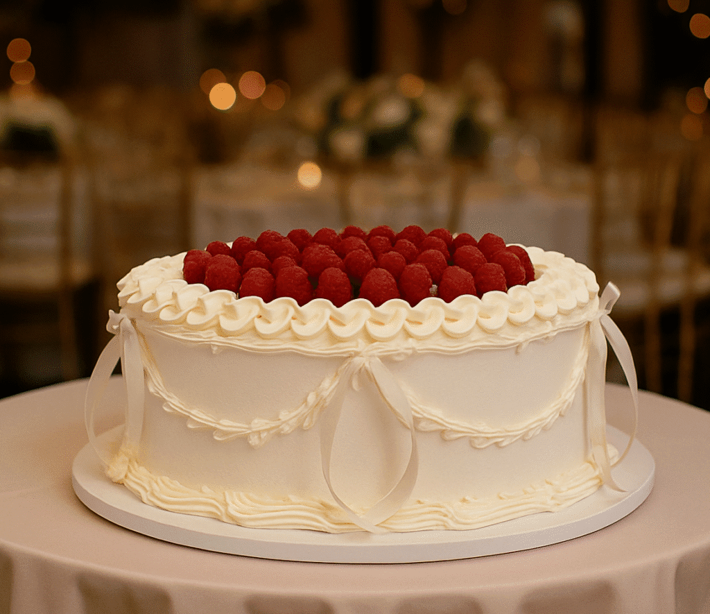 Wedding Vintage Raspberry Cake Birmingham — buttercream cake with piped decorations, silk bows and fresh raspberries on top.