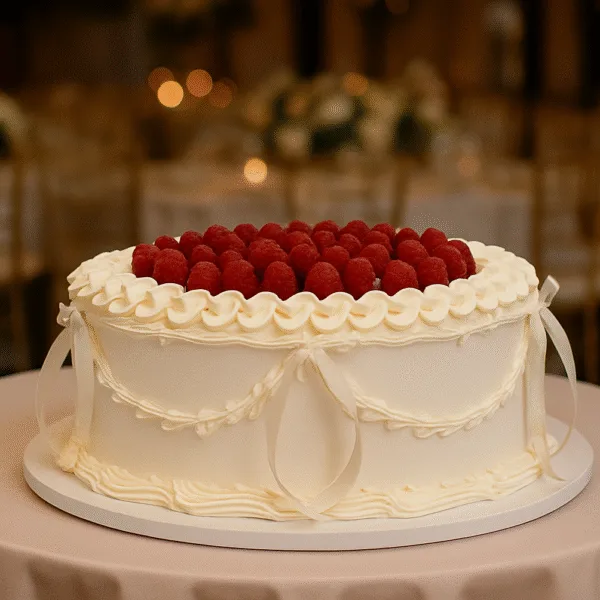 Shop 76 Wedding Vintage Raspberry Cake Birmingham — buttercream cake with piped decorations, silk bows and fresh raspberries on top.