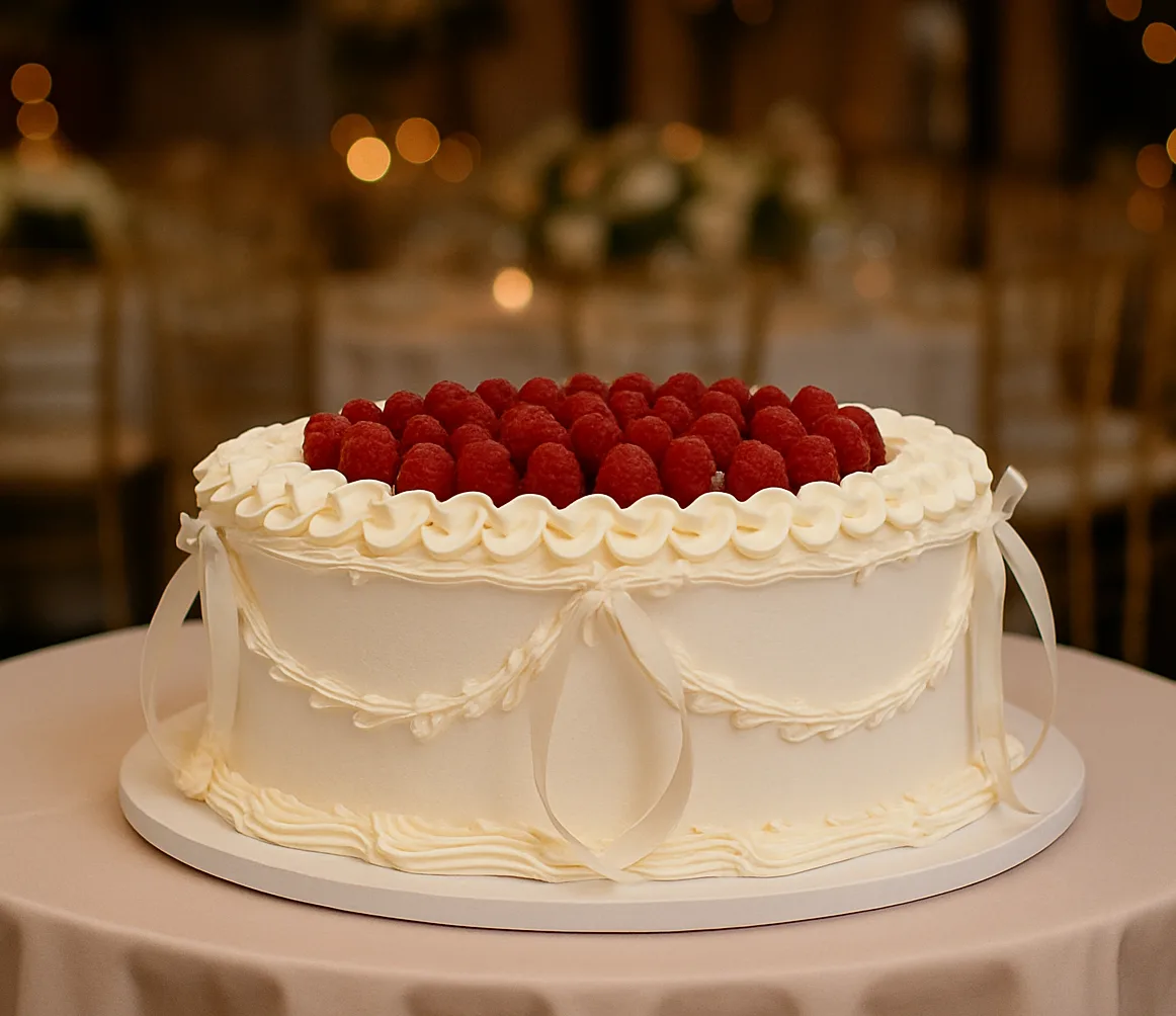 Wedding Vintage Raspberry Cake Birmingham — buttercream cake with piped decorations, silk bows and fresh raspberries on top.