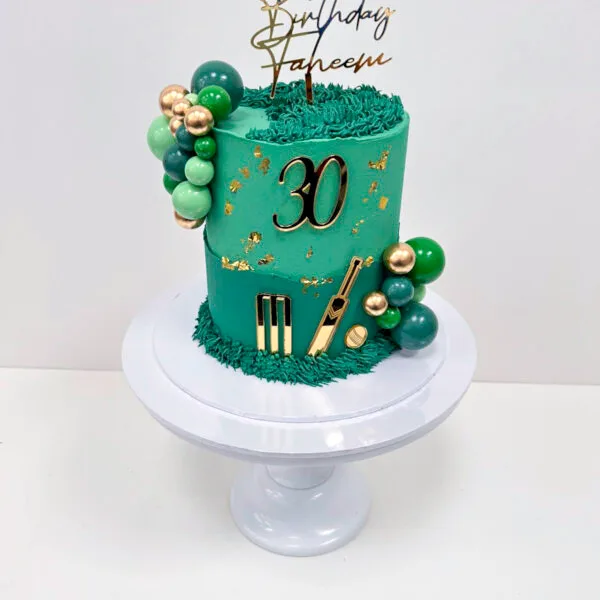 Shop 240 Cricket Cake handmade in birmingham with buttercream pipping, non-edible balls and acrylic charms