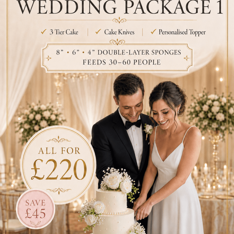 Budget Wedding Cake Package Birmingham — three-tier pearl wedding cake with soft pearl detailing and a personalised topper.