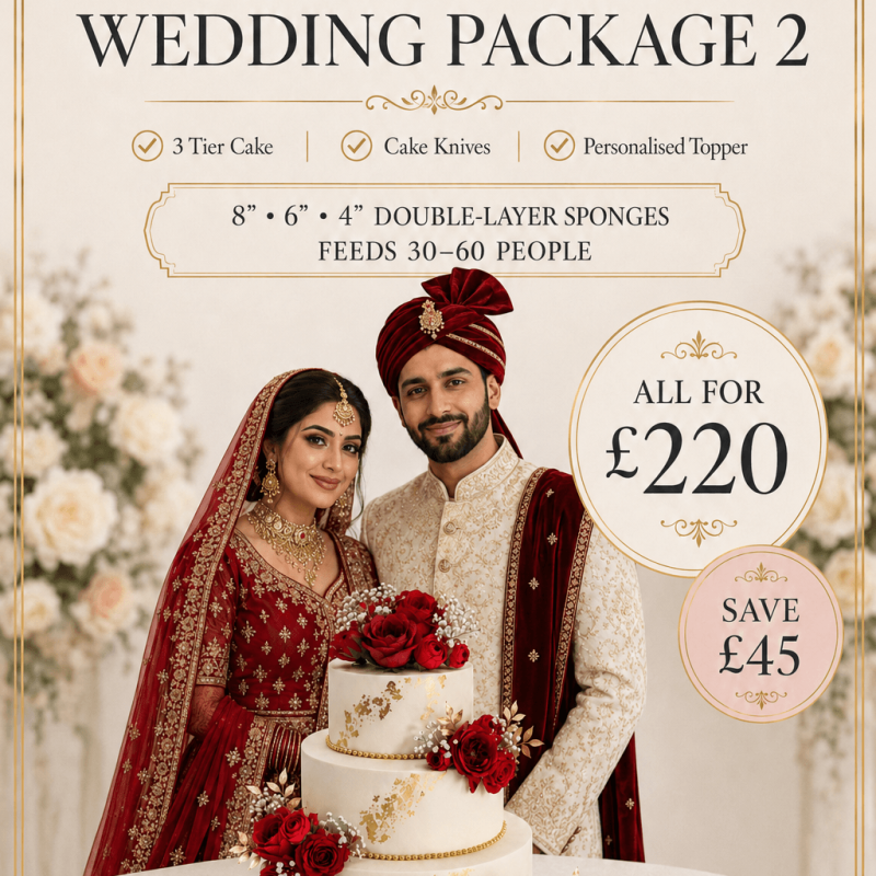 Affordable Wedding Cake Package Birmingham — three-tier white wedding cake with a clean white finish and a personalised topper.