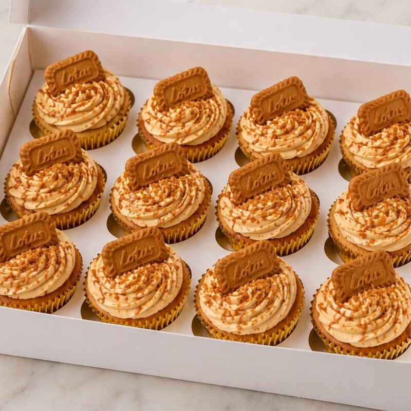 Lotus Biscoff Cupcakes Birmingham, a box of 12 vanilla cupcakes with caramel buttercream and Lotus biscuits, by Khalids Kakes