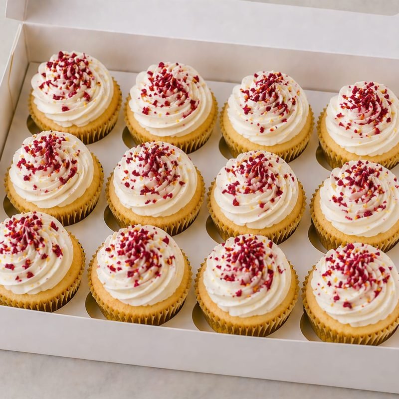 Raspberry Cupcakes Birmingham, a box of 12 white chocolate and raspberry cupcakes with vanilla buttercream and dried raspberries, by Khalids Kakes