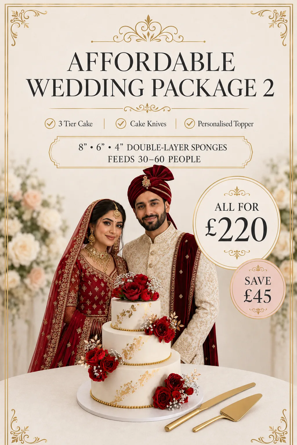 Affordable Wedding Cake Package Birmingham — three-tier white wedding cake with a clean white finish and a personalised topper.