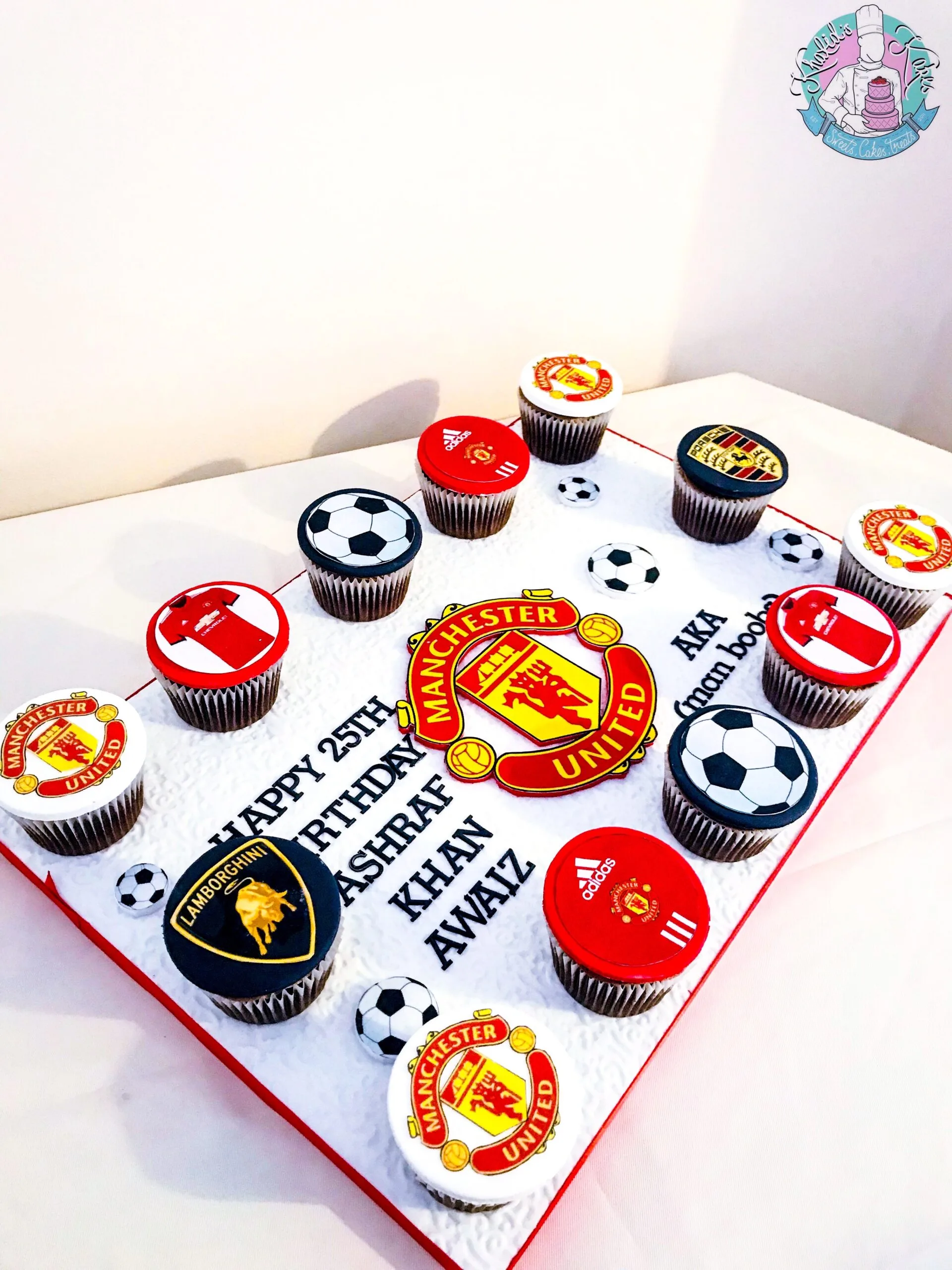 Football cupcake platter Birmingham — football-themed cupcake platter, handmade by Khalid’s Kakes
