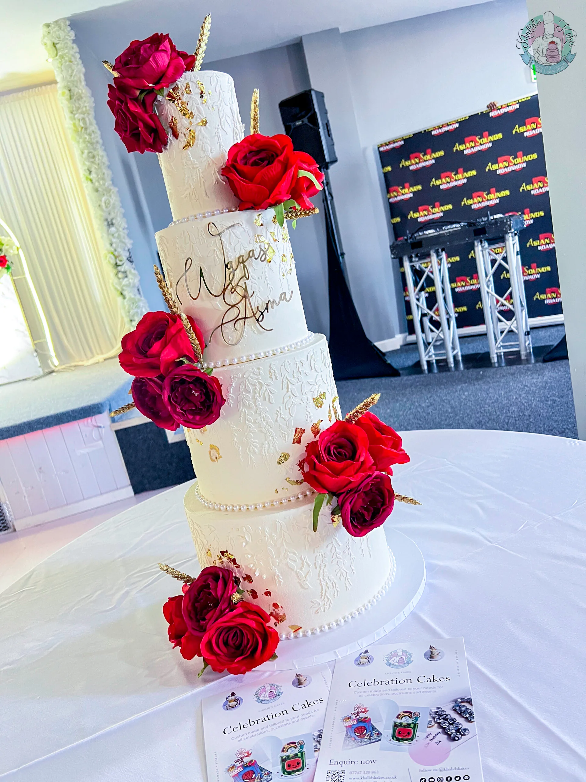 Stencil Wedding Cake 2 Birmingham — tiered cake with elegant stencil detailing and metallic leaf accents.