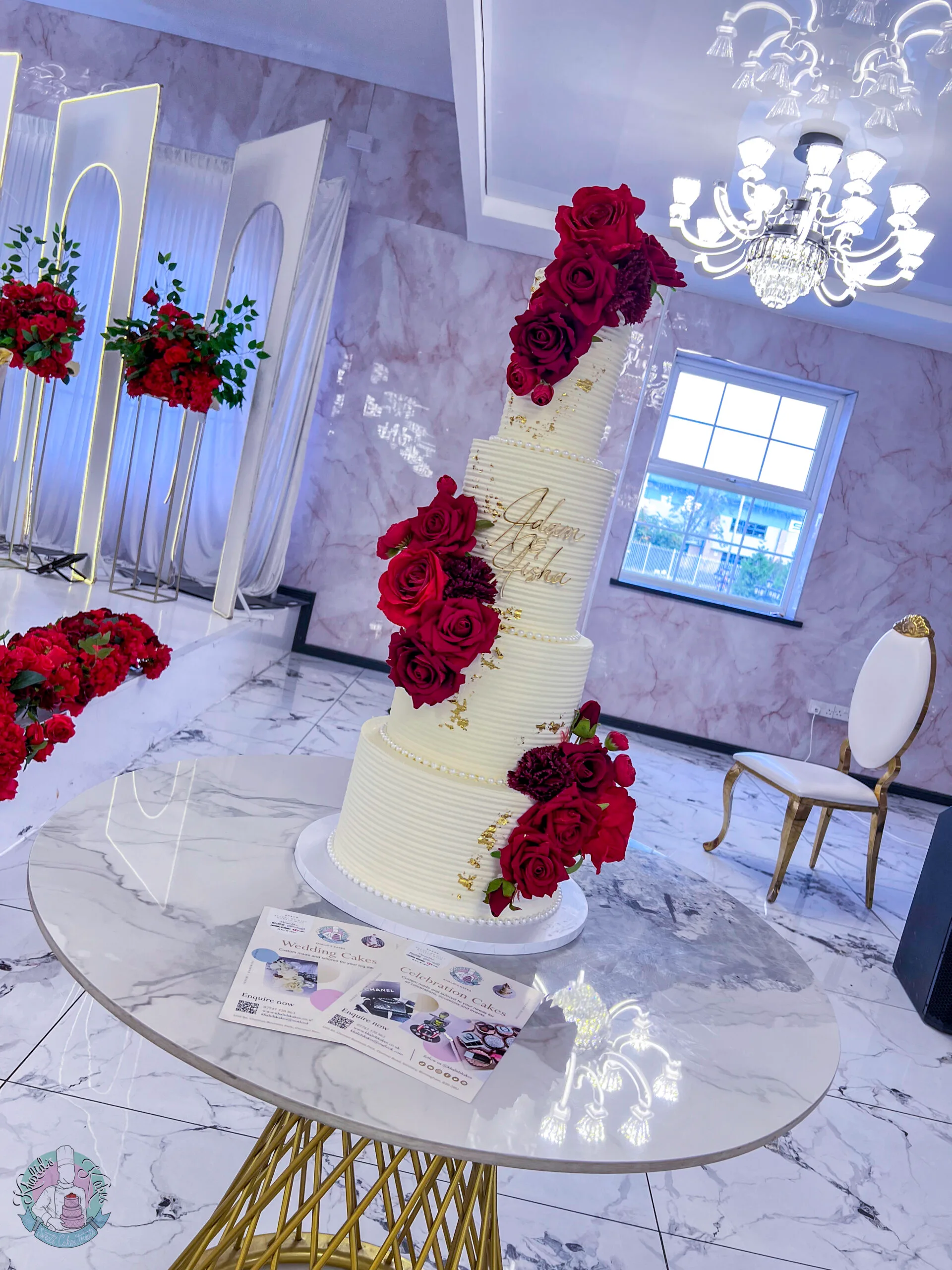 Line Wedding Cake Birmingham — clean lined tiers with metallic leaf accents in gold, silver or rose gold and coloured buttercream.