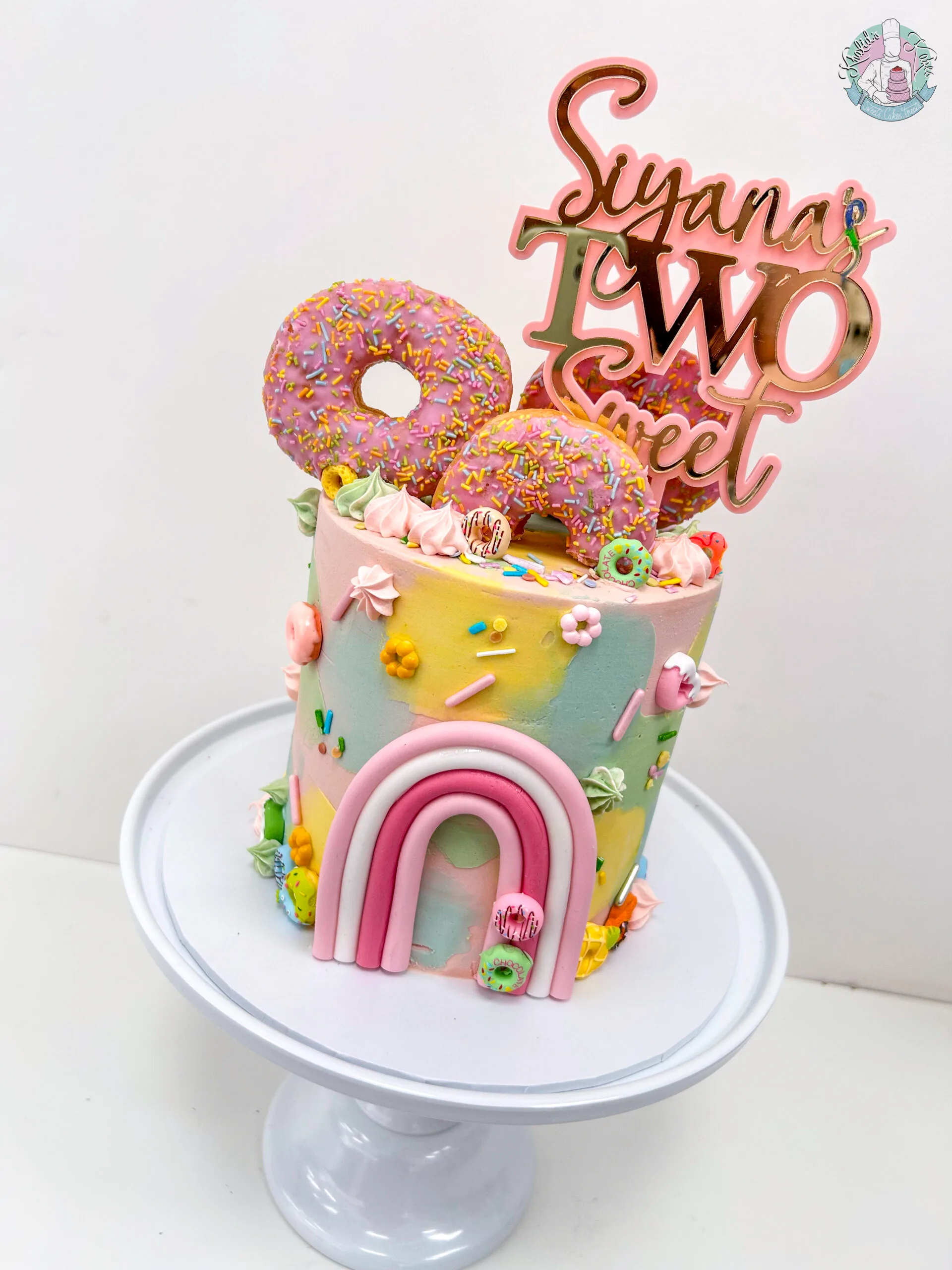 Two Sweet Cake Birmingham — children’s 2nd birthday cake in pastels with sprinkles and sweets.