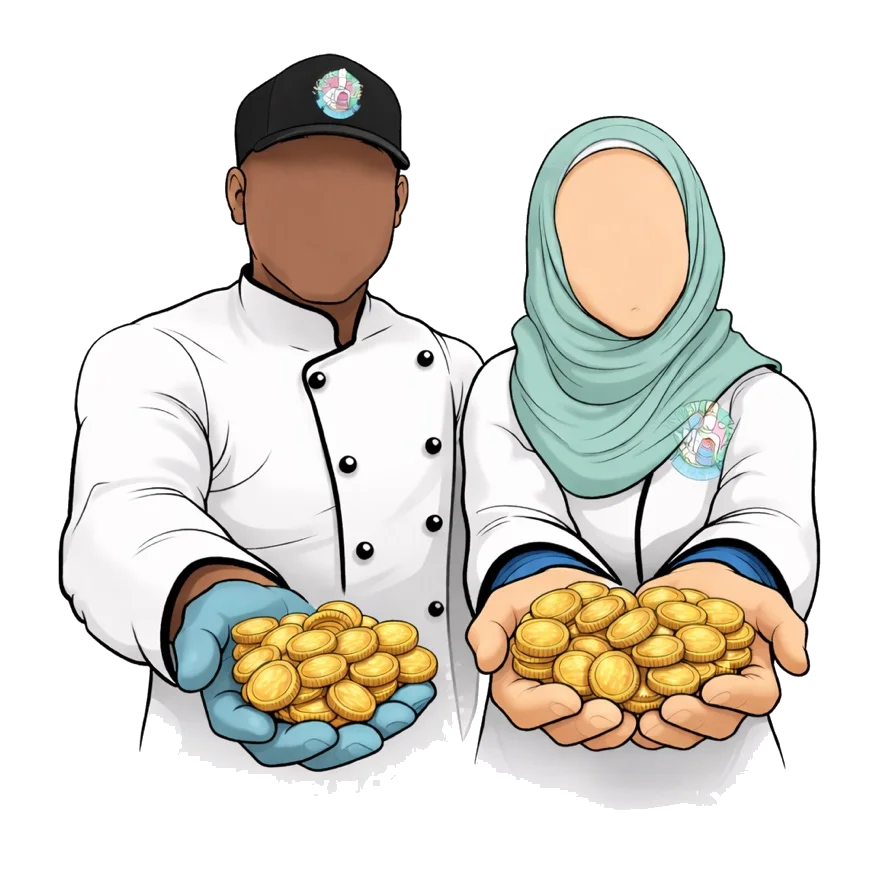 Kake Klub Birmingham — two Khalid's Kakes bakers holding handfuls of gold Kake Coins loyalty rewards