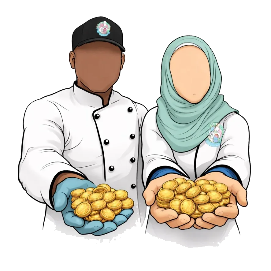 Kake Klub Birmingham cake rewards — two Khalid's Kakes bakers holding gold Kake Coins loyalty points
