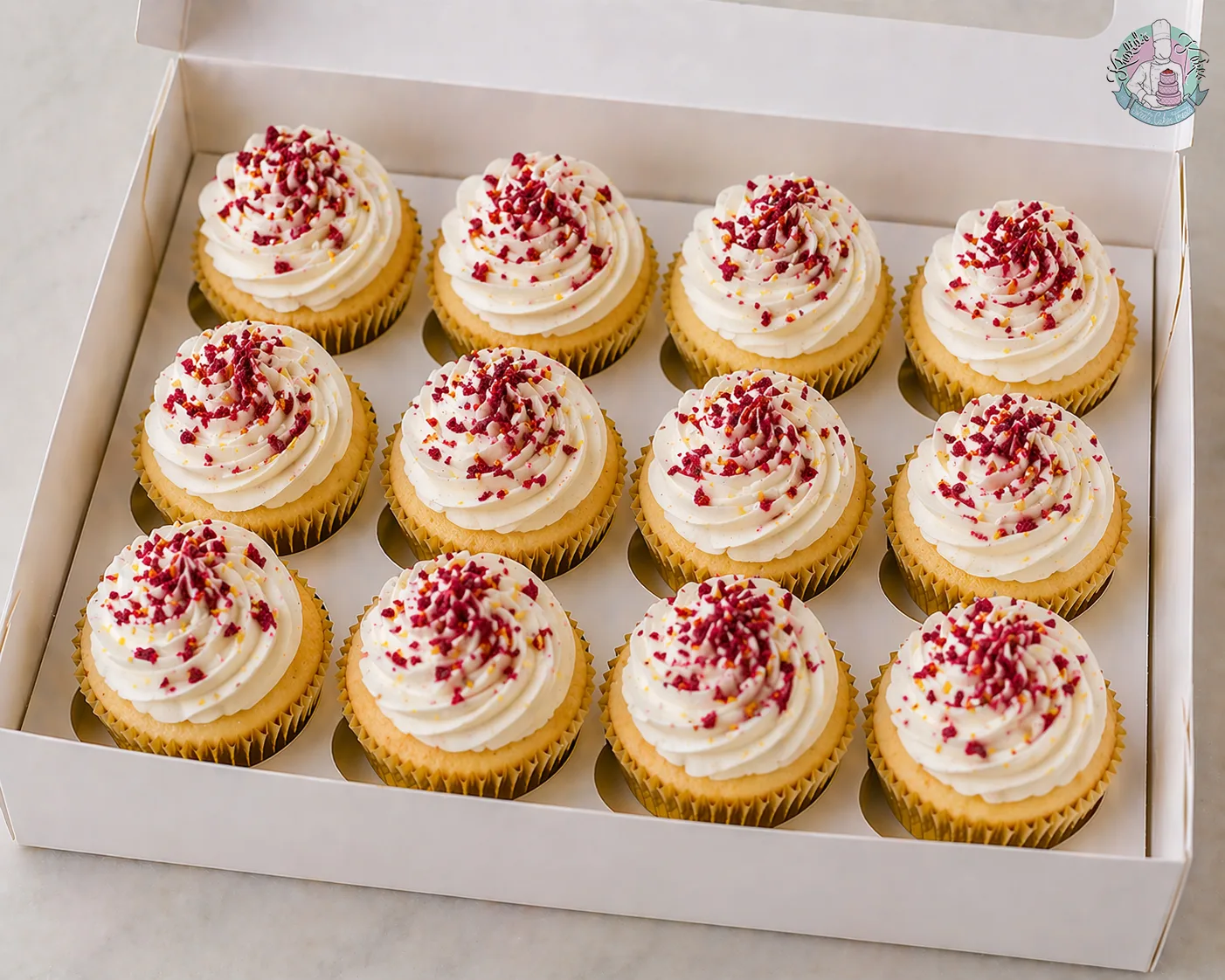 Raspberry Cupcakes Birmingham, a box of 12 white chocolate and raspberry cupcakes with vanilla buttercream and dried raspberries, by Khalids Kakes